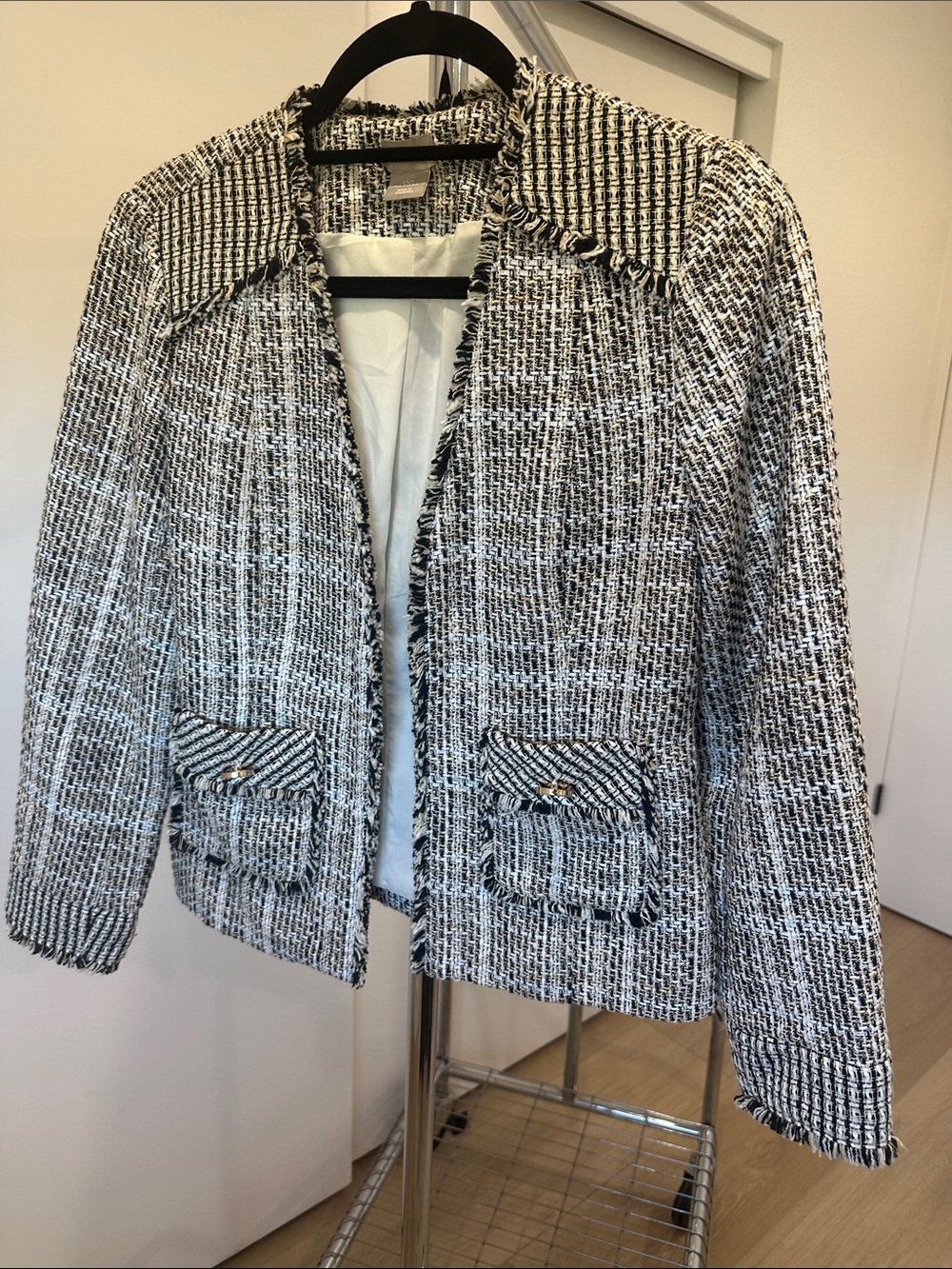 Chico's Black, White, Tan Tweed Fringe-Trim Blazer